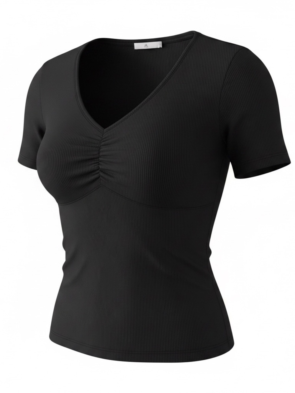Black Ribbed V-Neck Short Sleeve Ruched Top - Picture 2 of 2